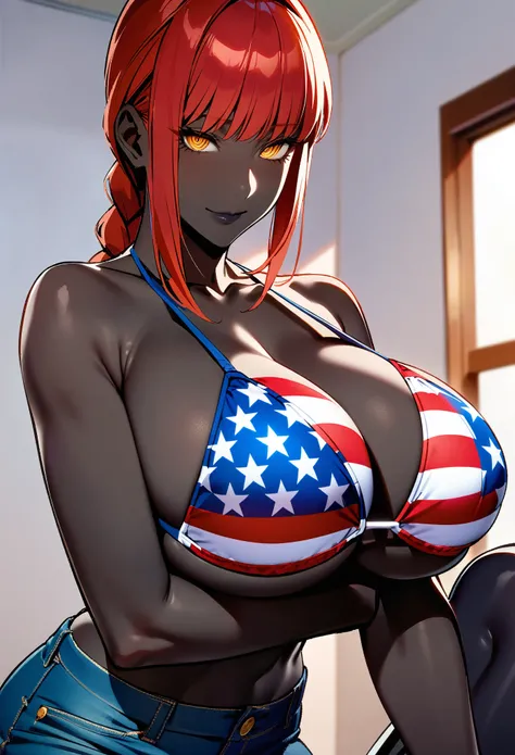 masterpiece, best quality, extremely detailed, 1girl, (milf, motherly), solo, (dark skin, black skin:2), makima, (huge breasts:1.25), ((((red hair), long hair, braided ponytail, ringed eyes))), red lips, (((bikini, american flag print bikini, denim short))...