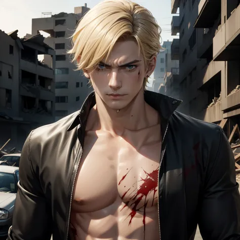 Realistic Anime style, Handsome boy, cool boy, serious face, torn Black shirt, Blonde hair colour, Several blood wounds on his face, Background of destroyed buildings