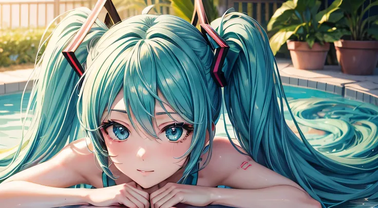 Hatsune Miku　bikini　Perfect and detailed facial expression　Perfect and detailed eye depiction　Perfect and detailed hair　Perfect upper body drawing　Big Tits