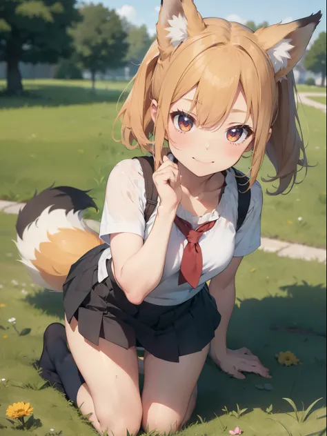 , , shy, smile, solo, blush, , short skirt, on a grass, cute, without shoes, detailed face, crotch detailed, panties visible, cute panties, ponytails, fox ears, fox tail, cat pose, standing on all fours