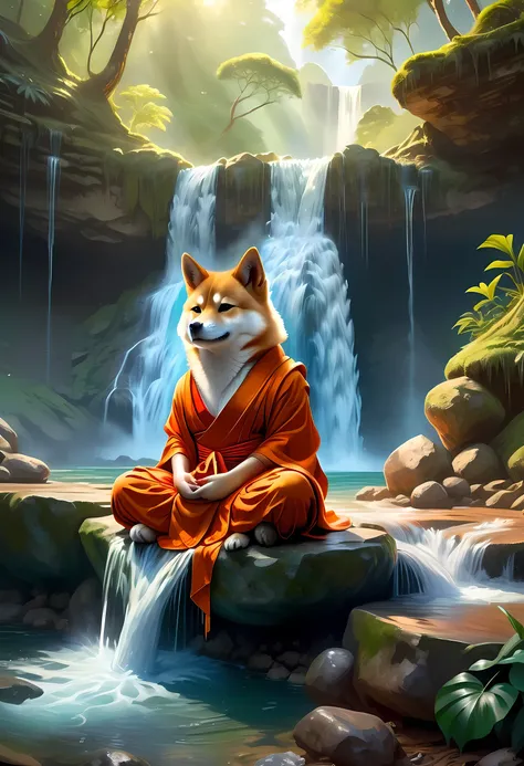 fantasy art, photorealistic, d&d art, a picture of a anthropomorphic shiba inu monk sitting and meditating near a waterfall, at ...