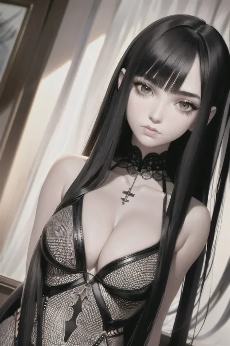 Realistic style，14-year-old girl(Long Black Hair，Iris，Long eyelashes，White skin，Very large breasts，Revealing clothing，