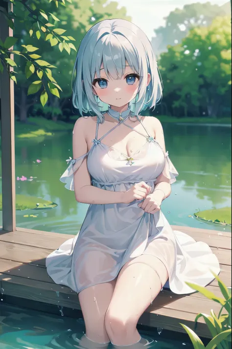 （Masterpiece）、(highest quality)、((Super detailed))、(Ultra delicate)、Pastel colored hair、Beautiful breasts、A young princess bathing in a lake、wet white dress