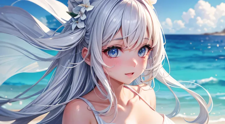 White dress　Summer beach　Perfect and detailed facial expression　Perfect and detailed eye depiction　Perfect and detailed hair　Perfect upper body drawing　Big Tits