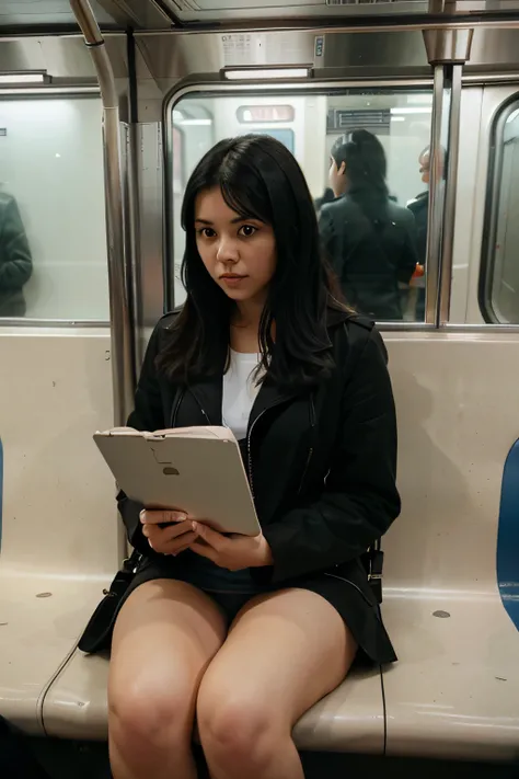 photograph of a young woman, black hair, white, wide angle, full body sitting, being inside a London subway car, has a folder in her hands, looking with a surprised face to the sides