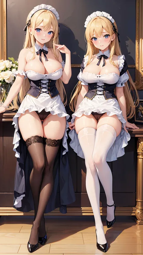 ((highest quality、High resolution、masterpiece))、(((2girls))), Portrait、A beautiful woman、Perfect body、beautiful ample breasts、Long blonde、Maid、No panties、Embarrassed、(((I&#39;ll lift my skirt and show you my pussy)))、Love juice