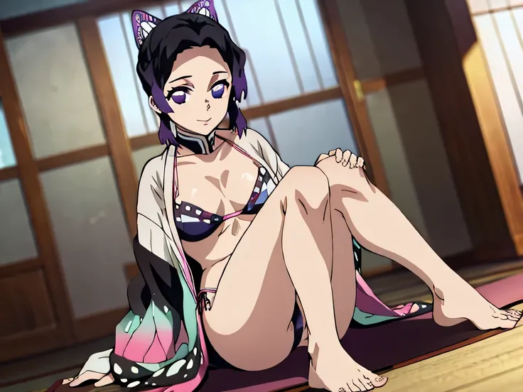 EFT_Shinobu, 1girl, kochou shinobu, butterfly hair ornament, solo, hair ornament, purple hair, multicolored hair, purple eyes, black hair, medium breast, (bikini), seductive smile, looking at viewer, blurry background, indoors, japanese house, full body, s...