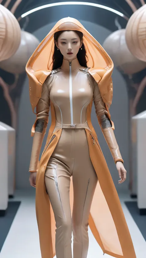 a fashion runway for alien technology , vogue photography , inspired by chinese xianxia and cyberpunk。camel toe，(best quality,4k...