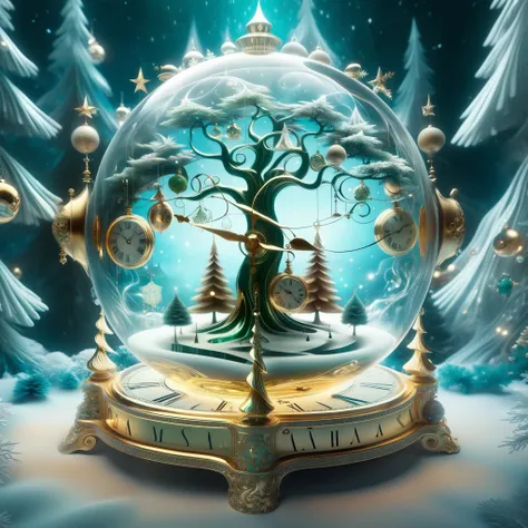 a dalí-esque christmas dreamscape unfolds within a warped, surreal space, where melting clocks and morphing trees are adorned wi...