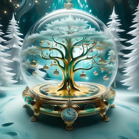 a dalí-esque christmas dreamscape unfolds within a warped, surreal space, where melting clocks and morphing trees are adorned wi...