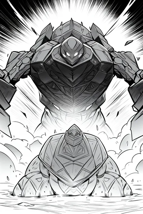 a magical golem made of stone, grey scale filter