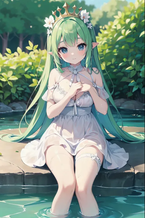 （Masterpiece）、(highest quality)、((Super detailed))、(Ultra delicate)、Pastel colored hair、Beautiful breasts、A young princess bathing in a lake、wet white dress