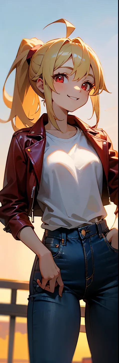 １girl、17-year-old girl、Blonde ponytail、Ahoge、Beautiful red eyes、smile、White T-shirt、Red leather rider jacket、Blue Jeans Pants、Cowboy Shot、Golden Hour Sky