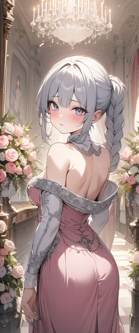 Escape, Severe, elegant, Pink Skirt, Aristocratic, silver element, Long nails, Exposing shoulders, Hairstyle, Hair standing on end, Braids and ponytails, Messy, arrogant, Absurd, detail dress, royalty, celebration, Hall decorated with flowers, Cowboy Shoot...