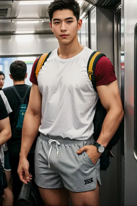 1 person，A 20-year-old man in the subway，Standing in a subway car，Ultra-flat head，White skinny sleeveless T-shirt，Wear yours with grey micro shorts，huge bulge,  leg apart，musculous，Handsome，Look at your phone，Wear AirPods，Wear an Apple Watch，Sport backpack...