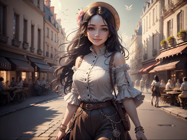 masterpiece, top quality, ultra detailed, 8k drawing under unity CG, woman looking directly at the observer, summer theme, Enchanted and happy look, In the center of Paris, smiling, with long black hair and cowboy style.