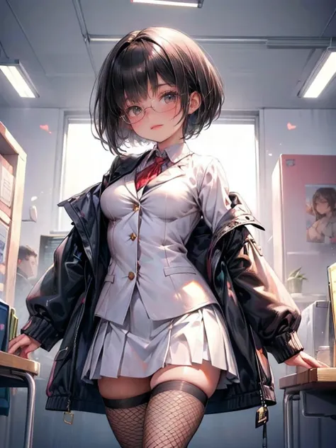 (cute girl, shiny jet black hair:1.2, medium straight hair, blunt bangs:1.2, bob cut, bright rosy lips, sparkling eyes, gently smile, head tilt), drooping eyes:1.4, round glasses, white blazer:1.2, white skirt:1.2, standing in offices, big breasts, fishnet...