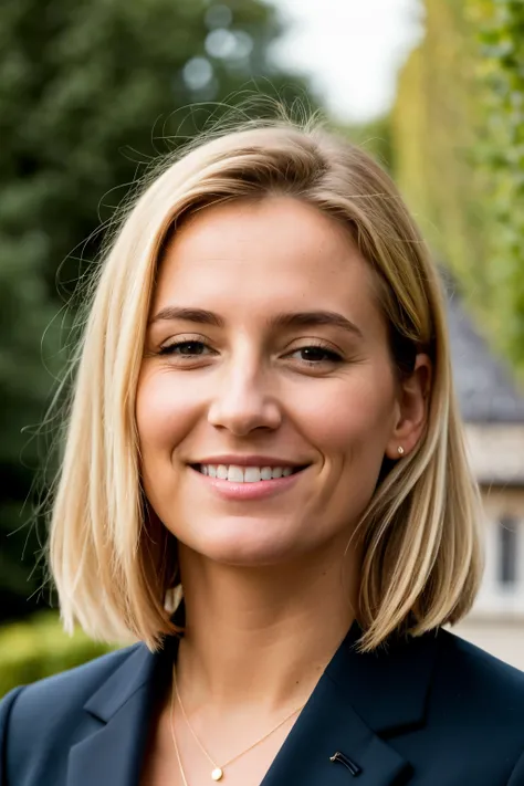 Un portrait photoréaliste dune Française de 63 ans aux cheveux blonds dorés courts et bouclés et aux yeux marron saisissants. Elle doit avoir une expression naturelle et accessible et être éclairée par la douce lumière du soleil dorée. The background must ...