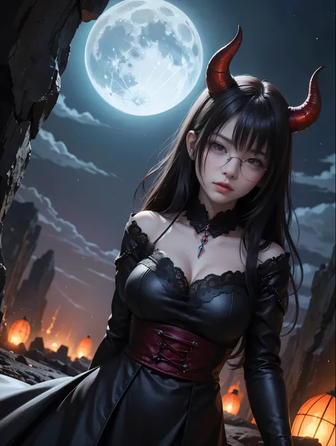 Dark Fantastic Night , Behind me is a big, scary castle , Lots of bats , big, red, Fantastic Moon , Some cliffs , 2. A cave far from the cliff ,  There are many magical glowing stones around her , dark空の遥か遠くに龍が, horror scene , 美しい女性のdevil , The most terrif...