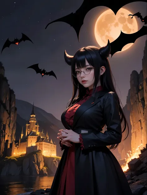 Dark Fantastic Night , Behind me is a big, scary castle , Lots of bats , big, red, Fantastic Moon , Some cliffs , 2. A cave far from the cliff ,  There are many magical glowing stones around her , dark空の遥か遠くに龍が, horror scene , 美しい女性のdevil , The most terrif...