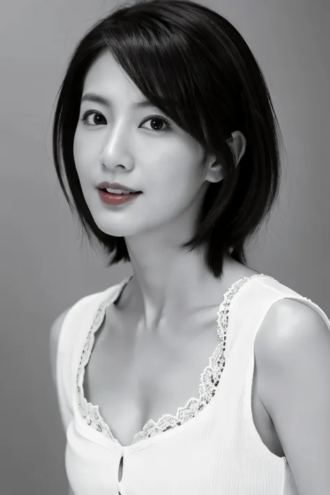 masterpiece, highest quality, Photorealistic, Very detailed, High resolution, 8k wallpaper, ((Black and white photography)), 1 girl, Skinny Japanese woman, (((Look forward))), ((Only the lips are red)), ((服はBlack and white photography)), short hair, Cleava...