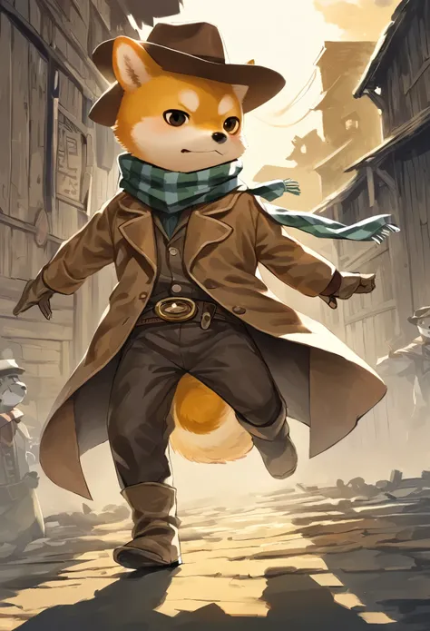 cowboy:((shiba inu)),cowboyの衣装:detailed,cowboyハット,scarf,gunman,western background,複雑なdetailed,beautiful light and shadow,hard bo...