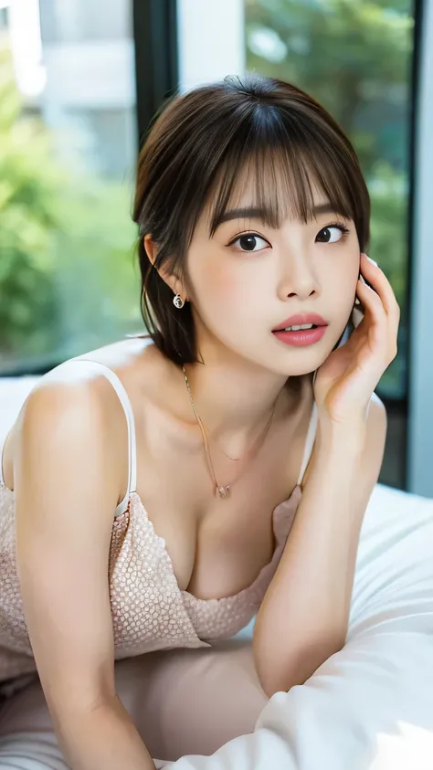 ((8k:1.27), highest quality, masterpiece, 超A high resolution:1.2)Photo Beautiful Japan woman(Comfortable:1.1) grace, good, Gradient lighting, One Girl, Delicate skin, Brown eyes, (Short hair with bangs:1.2), (Large breasts:1.0), (middle breast wheel:0.8), ...