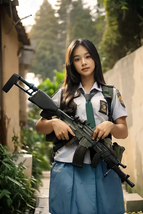 masterpiece, beautiful 20 year old indonesian woman in student uniform holding ak47 rifle, long hair, slim athletic body, detail...