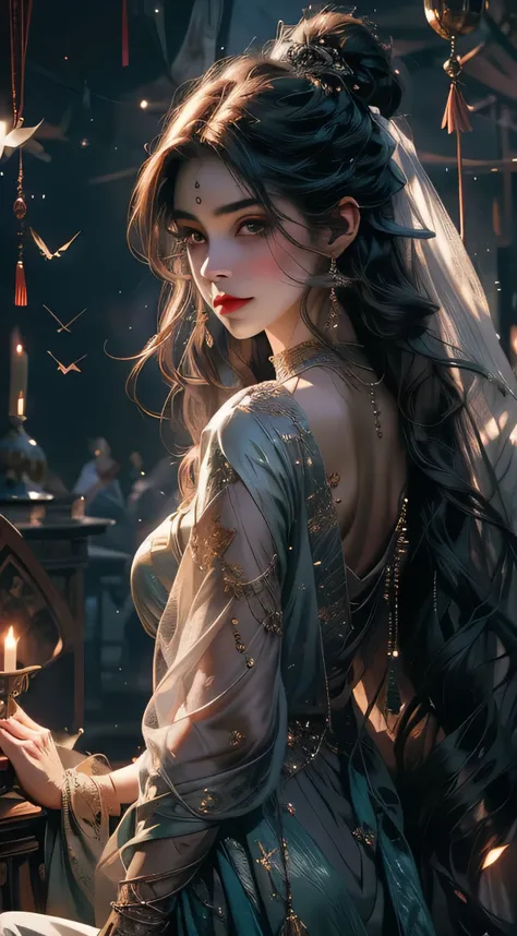 This witch is a spectacle of breathtaking beauty, veiled in an atmosphere of mystique and allure. she exudes an aura of elegance and power, captivating all who encounter her.

Your eyes are akin to the twinkling of stars on a dark night, radiating an hypno...