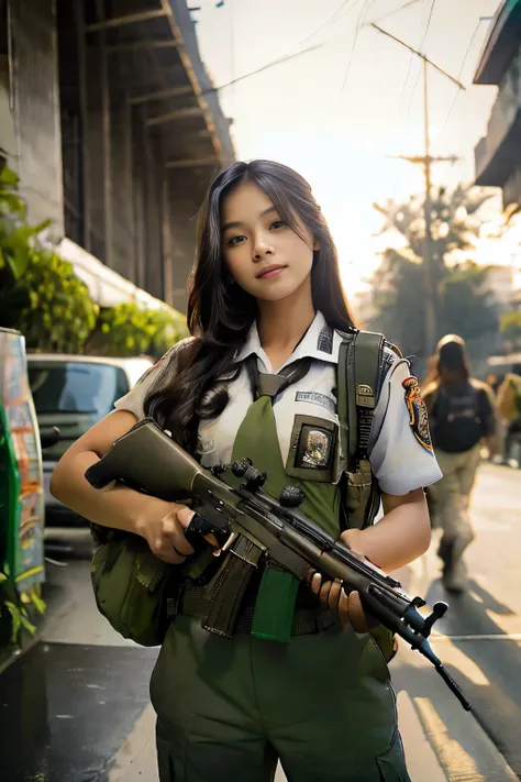 masterpiece, beautiful 20 year old indonesian woman in student uniform holding ak47 rifle, long hair, slim athletic body, detail...