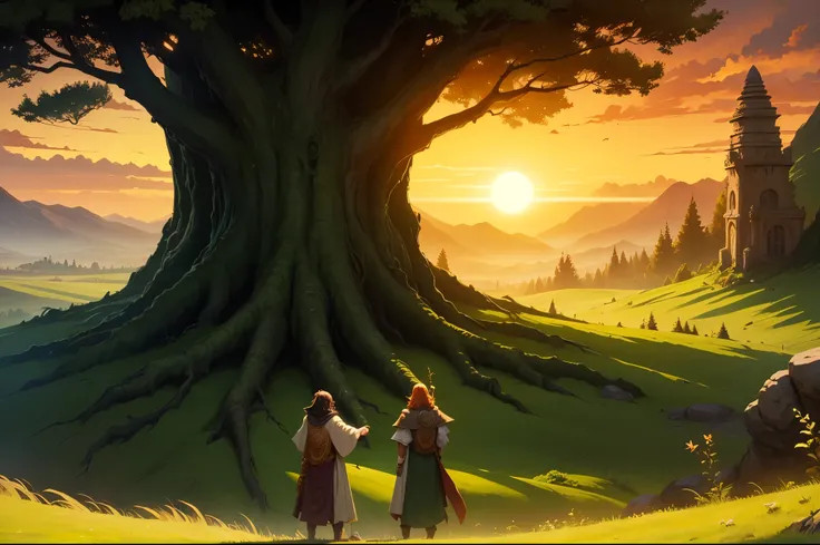 two druids with their back against the viewer, green tempate theme, big sentient mystical tree in the background blocking the sun, sundown, orange clouds, green hill, d&d art, fantasy art, game concept, 