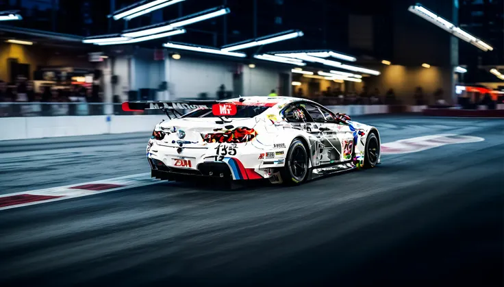 a thrilling digital print background showcasing the bmw m6 gtlm f13 tearing down the iconic main street in las vegas, nevada, un...