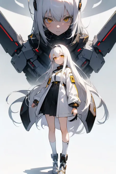 Anime girl with long white hair and yellow eyes,Anime Style, Anime Moe Art Style, White-haired God, Anime Girl Portrait,whole body, White Hair Girl, Cyborg - Silver Haired Girl, Perfect white hair girl, Anime style portrait, Head to Toe,Young,Expressionles...