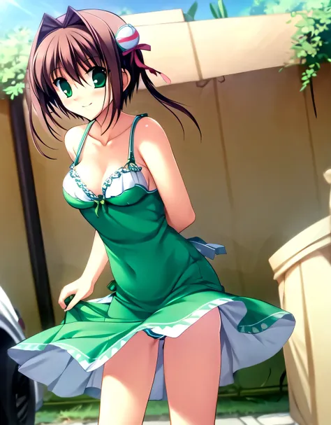 asakura_yume,Brown Hair,Medium Chest,Aqua Eye,White skin,Slums,((Are standing)),anxiety,((Breast augmentation)),(((((green_Summer Dresses))))),((valley)),No bra,smile,