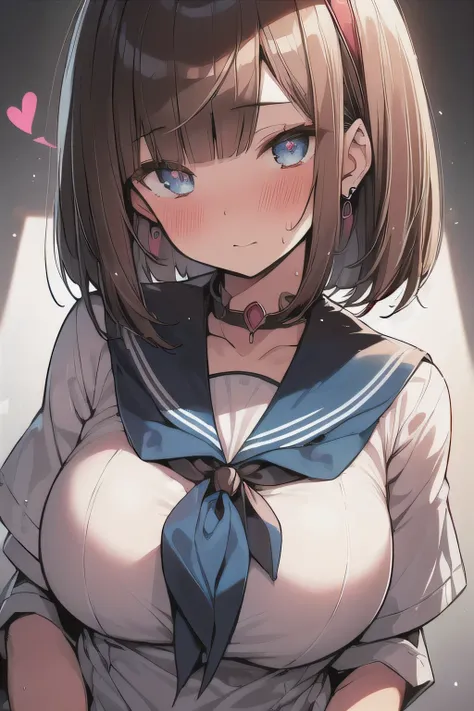 (best quality), (Super detailed), (Best Illustration), (woman), look at viewer, (white serafuku), (large breasts), {(detailed eyes), (heart-shaped pupils), blue eyes}, {brown hair, (bob cut:1.3), curly hair, hairs between eyes}, blush, sweat, steam, earrin...