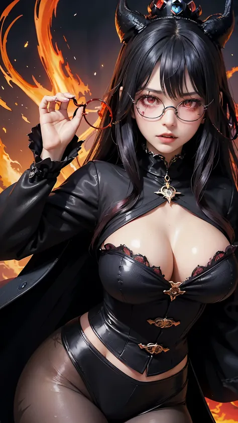 (highest quality,High resolution:1.2),(dark,Threatening:1.1),(Bad luckな:1.1), In the vortex of the universe、(Powerful figure:1.1、Big Breasts、Glasses) 、(((Twisted corners,Fiery crown:1.1))) ((((Round Glasses)))),(((Big Breasts)))、Heart of a Goth Maiden, Her...