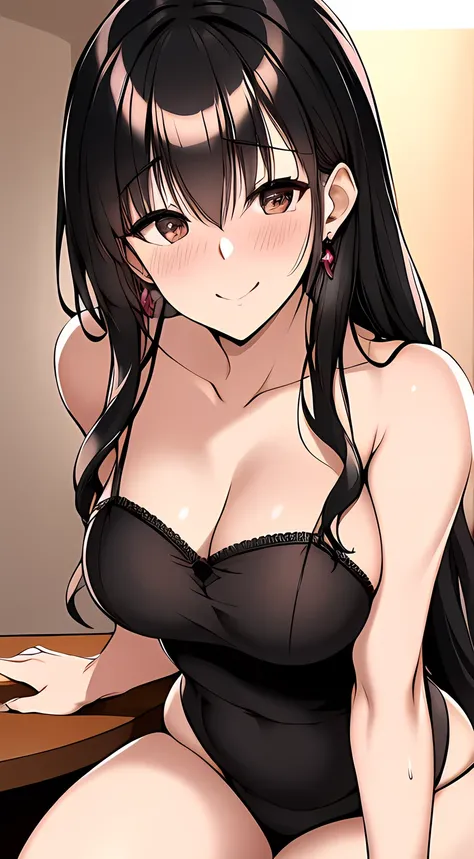 (best quality,4k,8k,highres,masterpiece:1.2), long flowing hair, long eyelashes, delicate earrings, curvaceous figure, sexy black maid dress, standing confidently, bright smile, sitting in a cozy cafe, blushing cheeks, light pink blush on her cheeks, 2D ba...