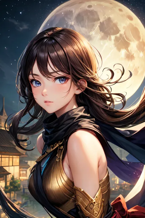 ((best quality)), ((masterpiece)), (detailed), Perfect face, Ninja on the roof, with full moon background, light brown iris