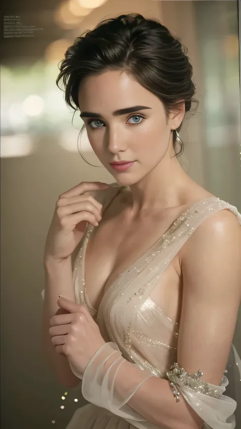 beautiful woman, Jennifer Connelly, green eyes, 25yo, ((full body, topless)), photoshoot, delicate, slim, perfect body, detailed skin, smile, delicate hands, highly detailed, sharp focus, charming look