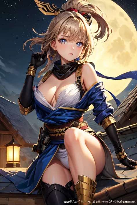 ((best quality)), ((masterpiece)), (detailed), Perfect face, Ninja on the roof, with full moon background, light brown iris