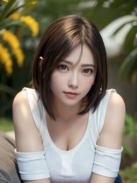 Top quality, Ultra-high resolution, (Photorealistic: 1.4), Beautiful eyes，short detailed hair，White T-shirt，Beautiful breasts, Lovers, lovers eyes, Sexy smile, Perfect style, Perfect balance, Detailed skin,