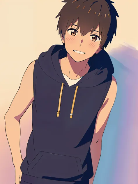 Highres, Masterpiece, Best quality at best,Best Quality,hight quality, hight detailed, 1boy, shinkai makoto, kimi no na wa, 1boy, Taki, Sleeveless hoodie, blush, brown eyes, smile, cute, looking at the viewer, Simple beckground