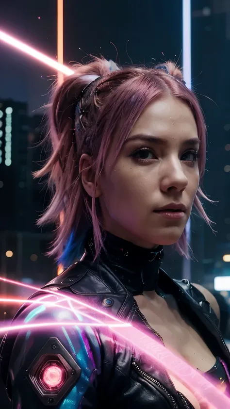 cyberpunk, Pink hair, futuristic, Surreal, Ultra Wide, wide angle lens, Looking up, dynamic movement, expressive, bright, Sacred Cinematic Facets, Laser hologram