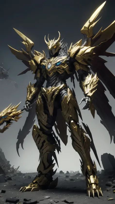 Dragon Mech, Full Size Body, Gold and Silver Coloring, Engulfed by Spirits, Giant Design, Dragon, Kamen Rider, Giant Mecha, Dragon Build, Spirits hovering around, Towering over Broken Rubble