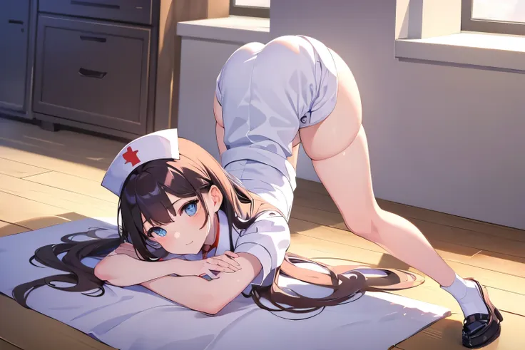 (masterpiece, best quality:1.2), 1girl, lie on the ground，cocked buttocks，looking at viewert，top-down_bottom-up,nurse suit