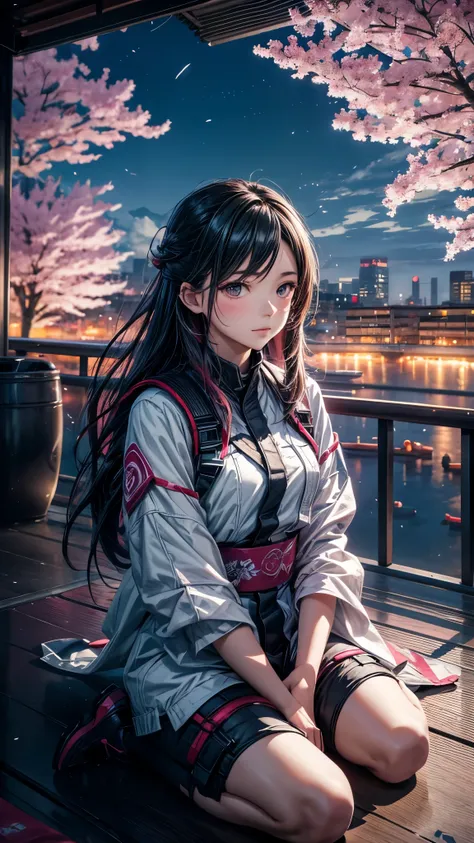 octane, Sky, landscape, night, 1 Girl, Solitary, outdoor, architecture, cloud, sitting, Sakura Tree, Wind, cherry blossoms flying, Long hair, City, Cityscape, sparkle, best quality, 8k, masterpiece, award winning