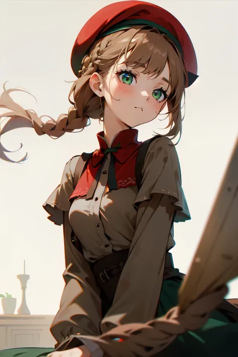 1girl, plain appearence, long light brown french braid, green eyes, red beret, grey blouse, bored, fantasy