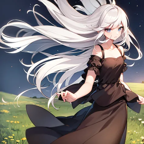 white hair girl, in the night, in a field, windy