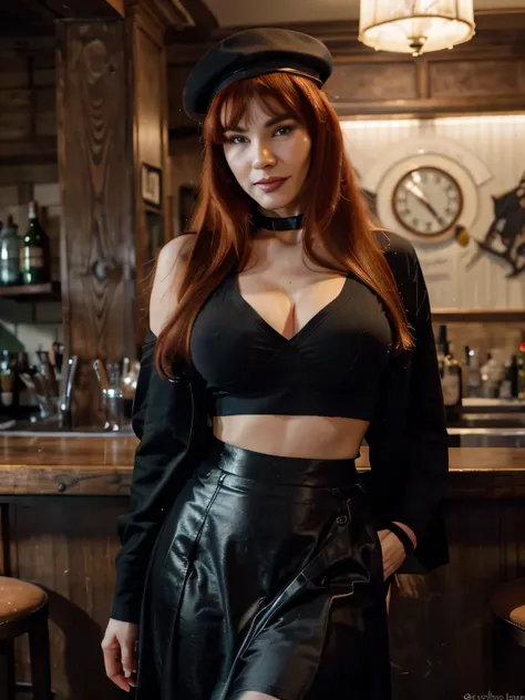 red hair ponytail smiling Bettie Page with red hair, wearing military shirt and hat, black gloves and  has eyepatch, she wants to make love,flirting with the camera, Brown long maxi-skirt(black long maxi-skirt:1.2 ) inside an old english pub standing again...