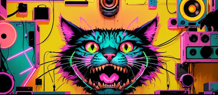 brightly colored wall with a cat and various speakers on it, hyper color digital art, mobile game art, from hotline miami, cat detailed, neon digital art, beautiful neon cats, cyberpunk cat, ancient neon monster portrait, cheshire cat, hyper detailed digit...